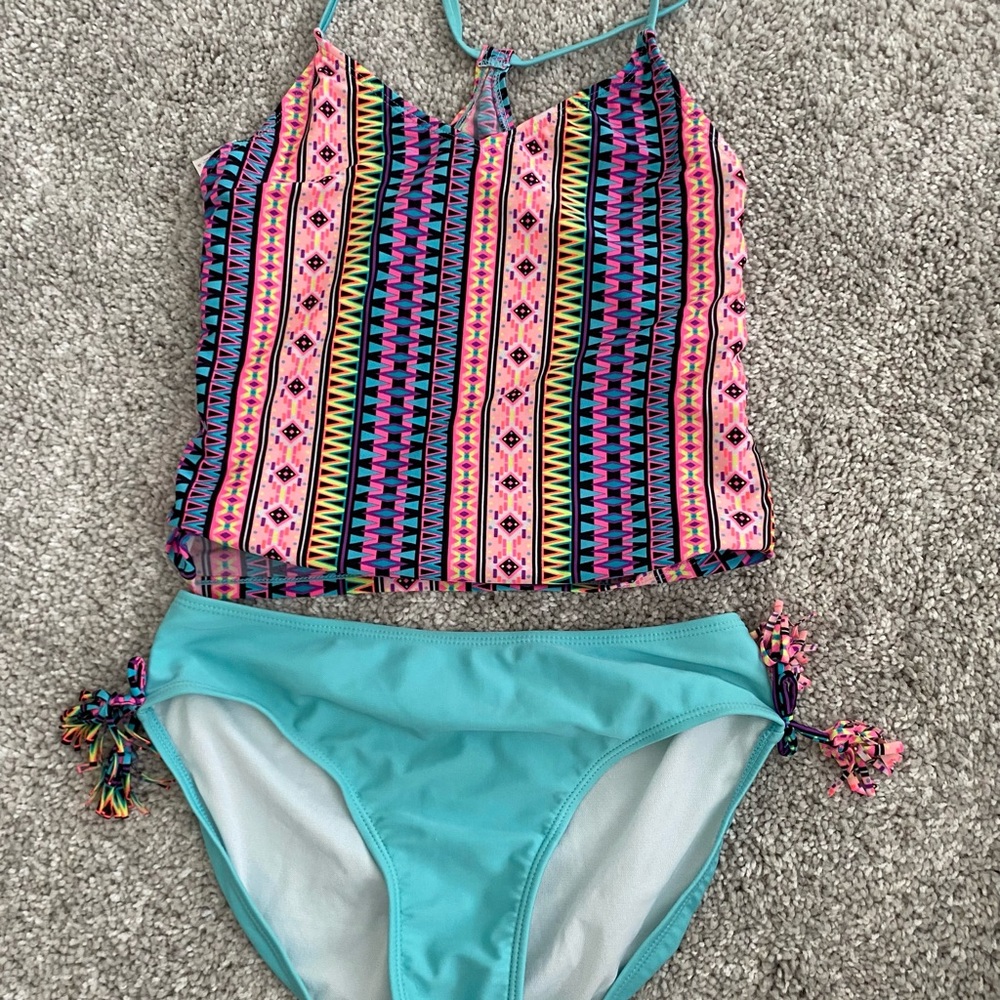 Xhileration Girls Tankini Swimsuit Geometric Pink Blue Size 14/16